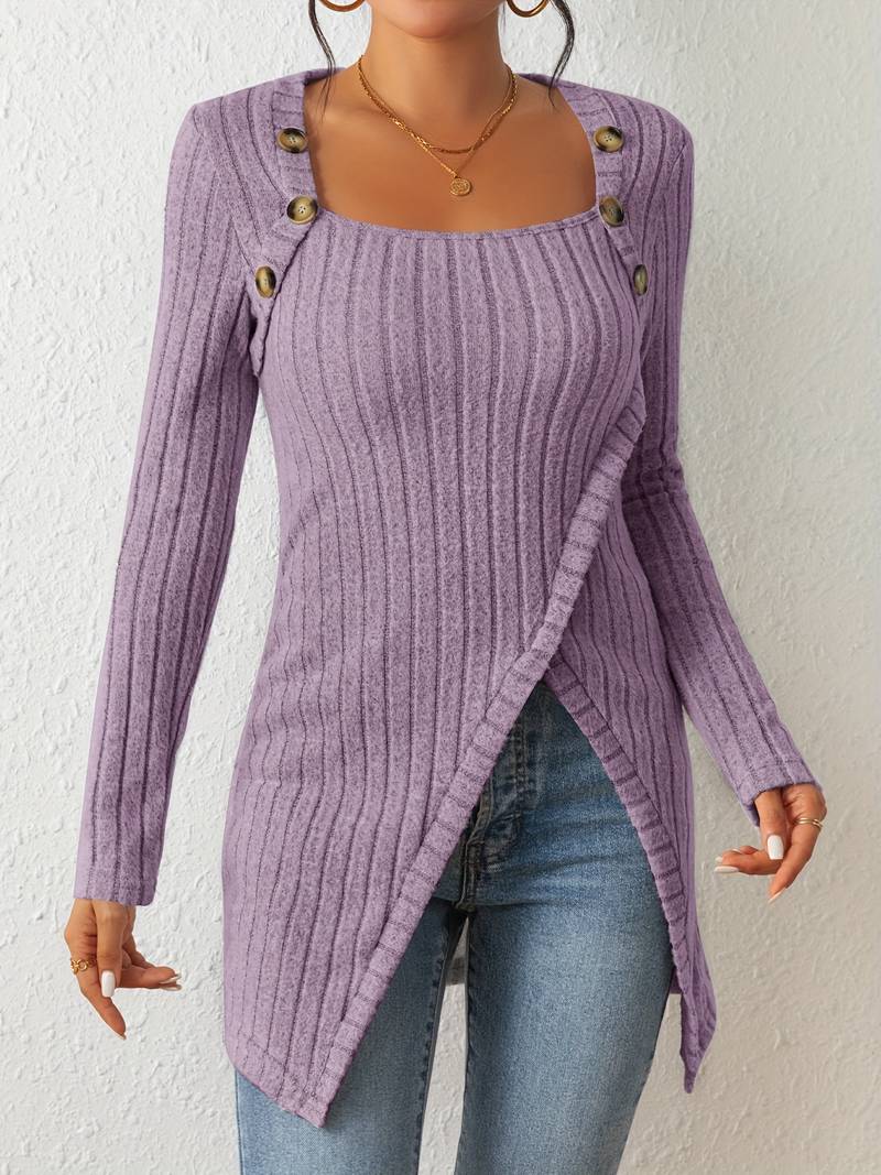Heidi Fashion | Long Sleeve Square Neck Sweater with Side Slits