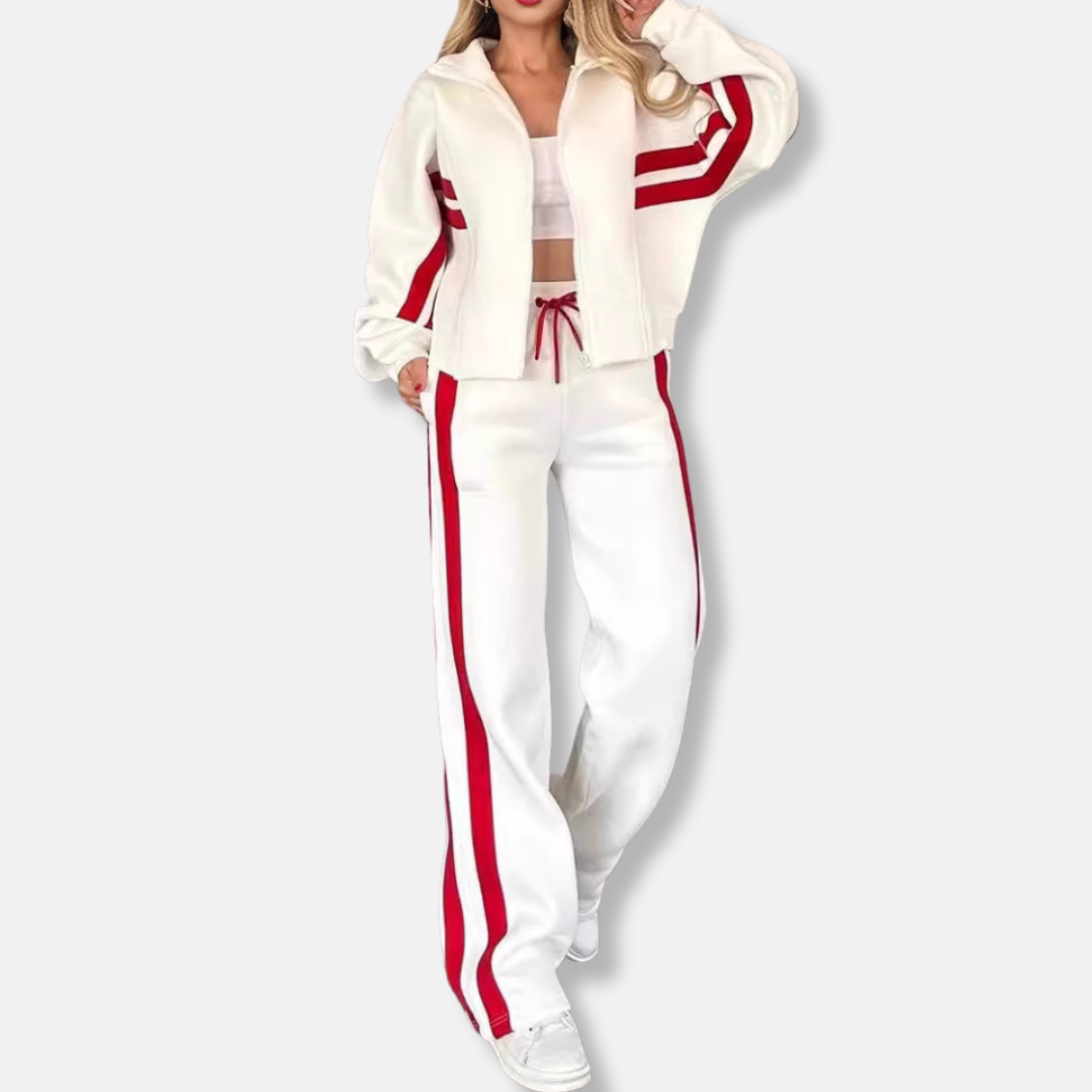 Heidi Fashion | Casual Loose Fit Zip Jacket with Striped Cotton Blend Sleeves