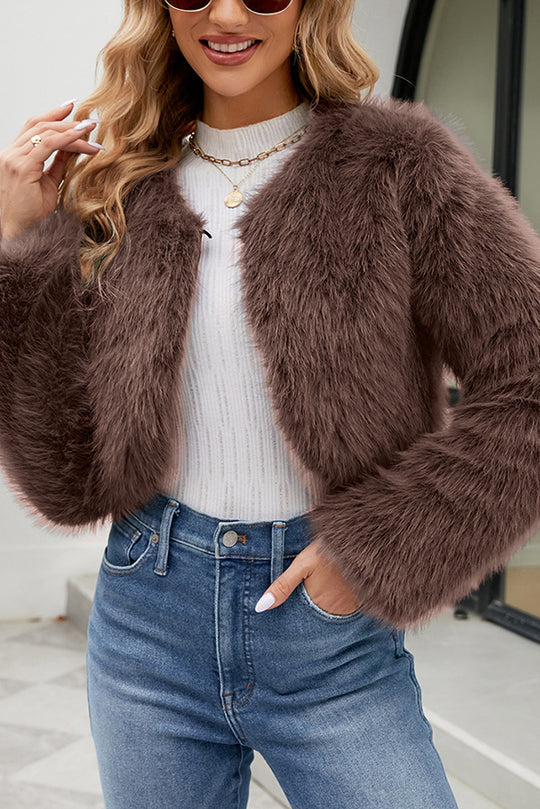 -Style | Faux Fur Short Casual Jacket with Long Sleeves
