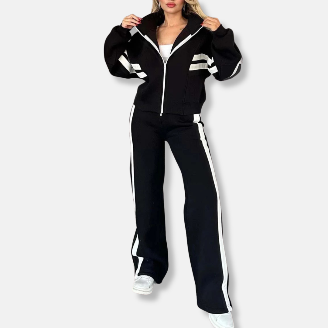 Heidi Fashion | Casual Loose Fit Zip Jacket with Striped Cotton Blend Sleeves