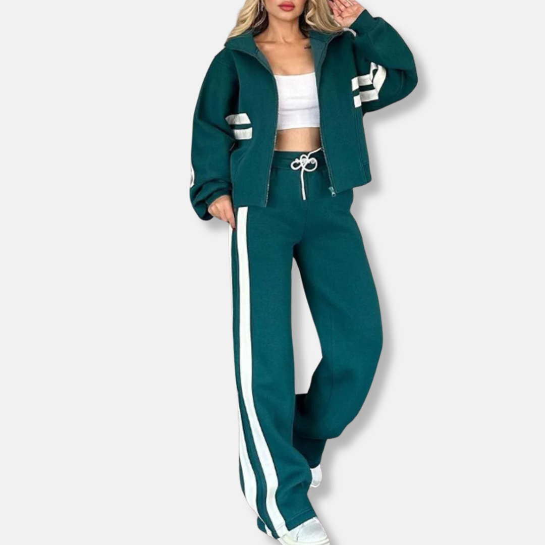 Heidi Fashion | Casual Loose Fit Zip Jacket with Striped Cotton Blend Sleeves