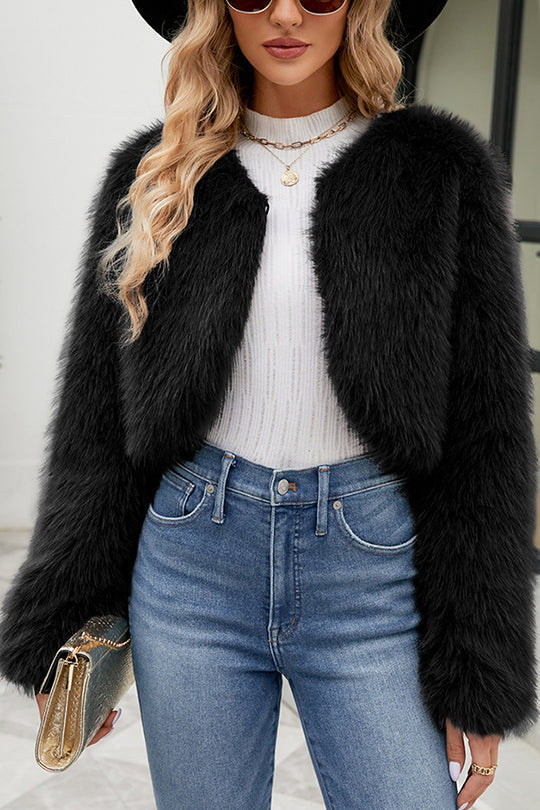 -Style | Faux Fur Short Casual Jacket with Long Sleeves