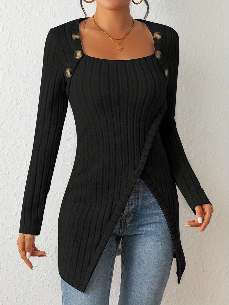 Heidi Fashion | Long Sleeve Square Neck Sweater with Side Slits