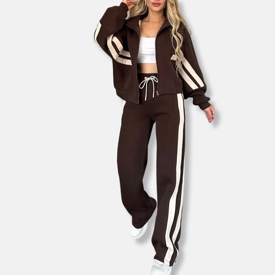 Heidi Fashion | Casual Loose Fit Zip Jacket with Striped Cotton Blend Sleeves