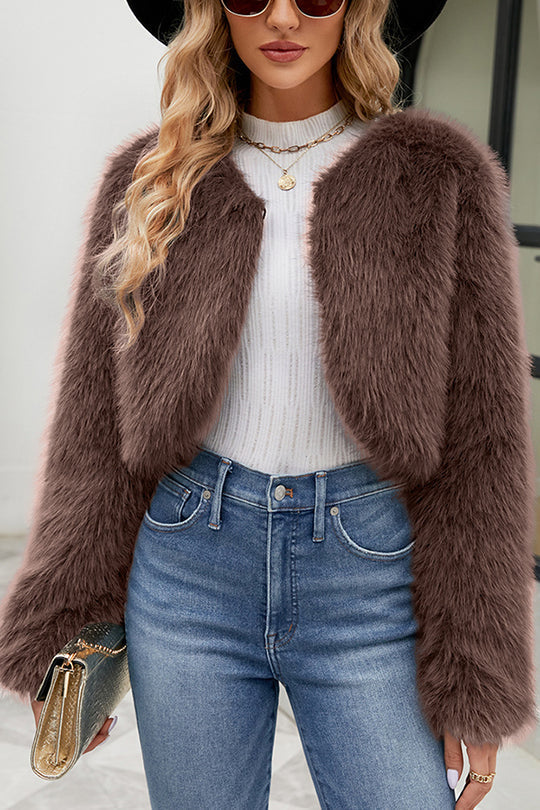 -Style | Faux Fur Short Casual Jacket with Long Sleeves
