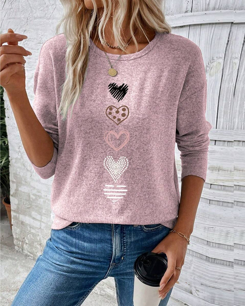 Heidi Fashion | Love Heart Print Round Neck Long Sleeve Top