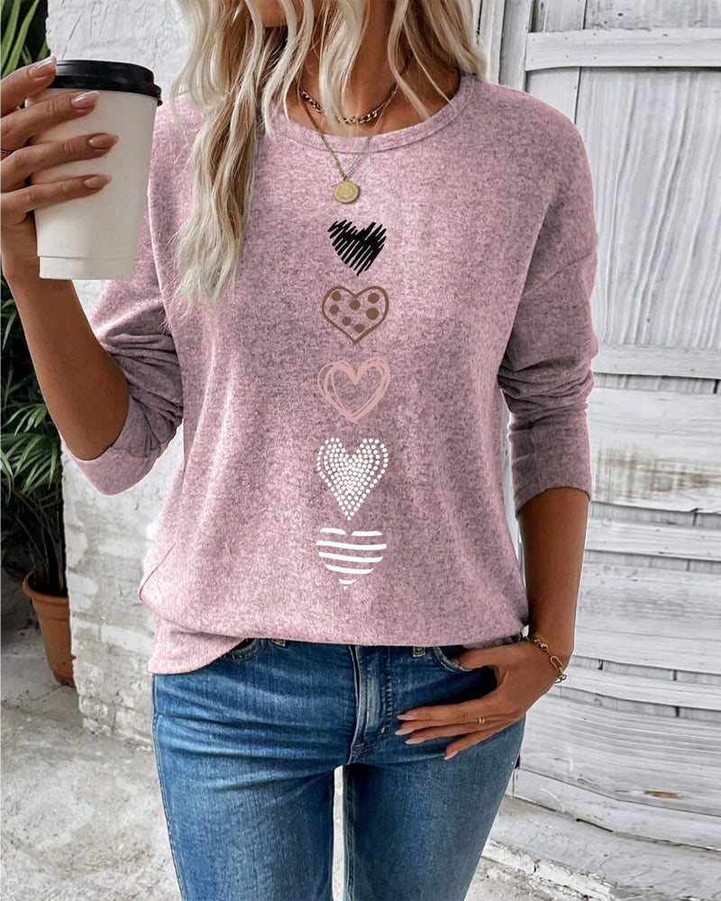 Heidi Fashion | Love Heart Print Round Neck Long Sleeve Top