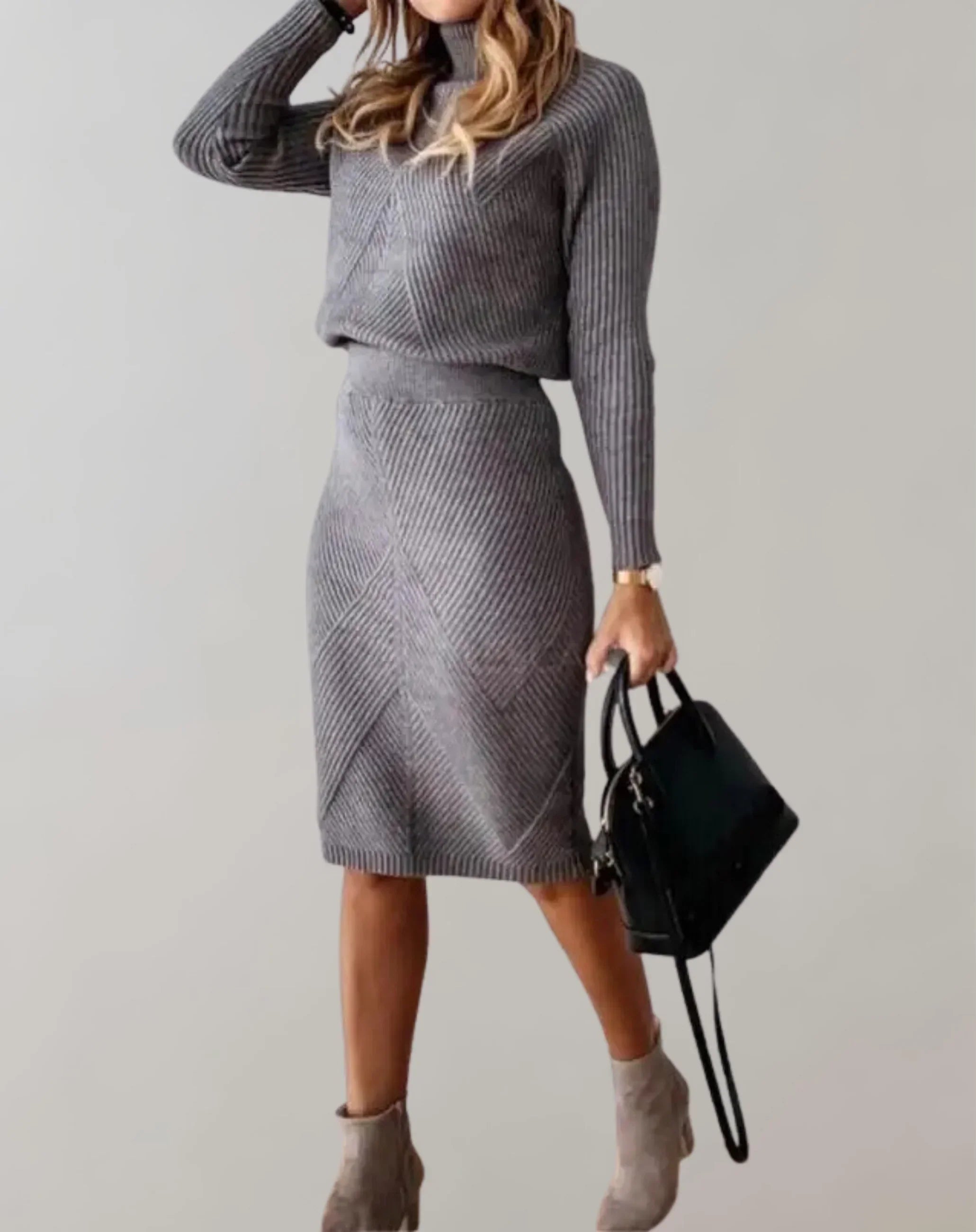 Heidi Fashion | Slim Fit Ribbed Turtleneck Sweater & Midi Skirt Two-Piece Set