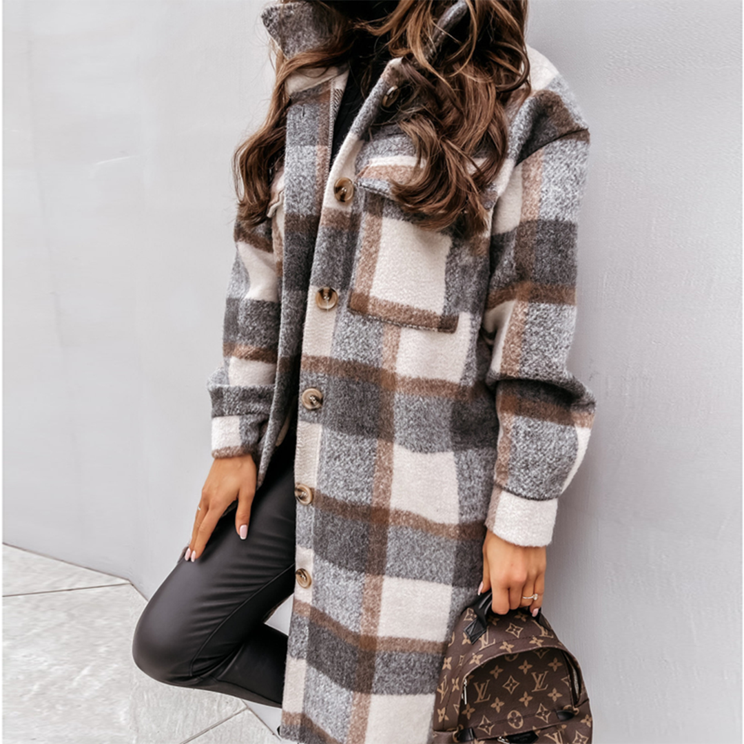 Heidi Fashion | Plus Size Long Wool Blend Coat with Check Pattern and Button Closure