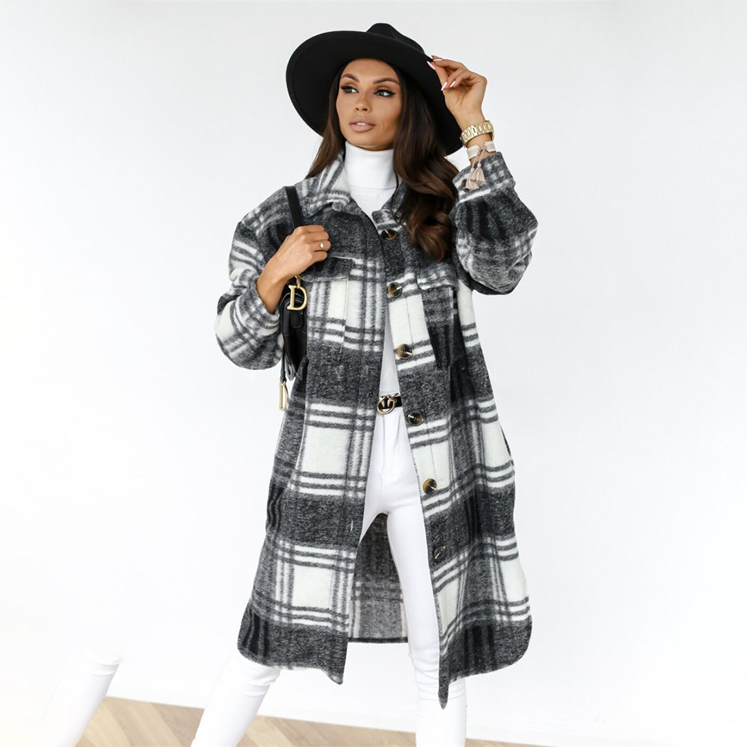 Heidi Fashion | Plus Size Long Wool Blend Coat with Check Pattern and Button Closure