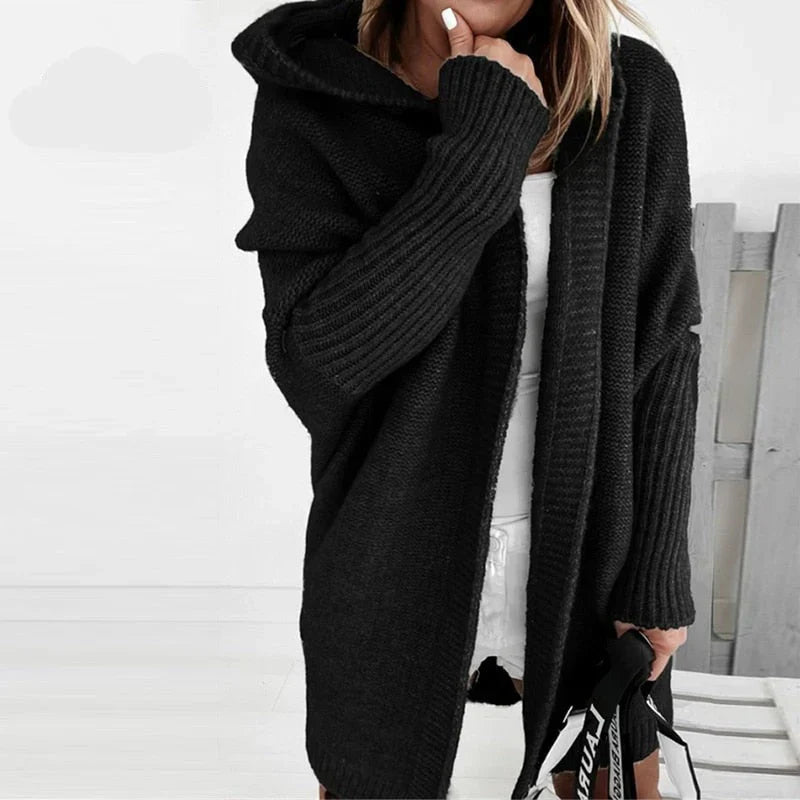 Heidi Fashion | Plus Size Hooded Open Front Rib Knit Cardigan in Wool