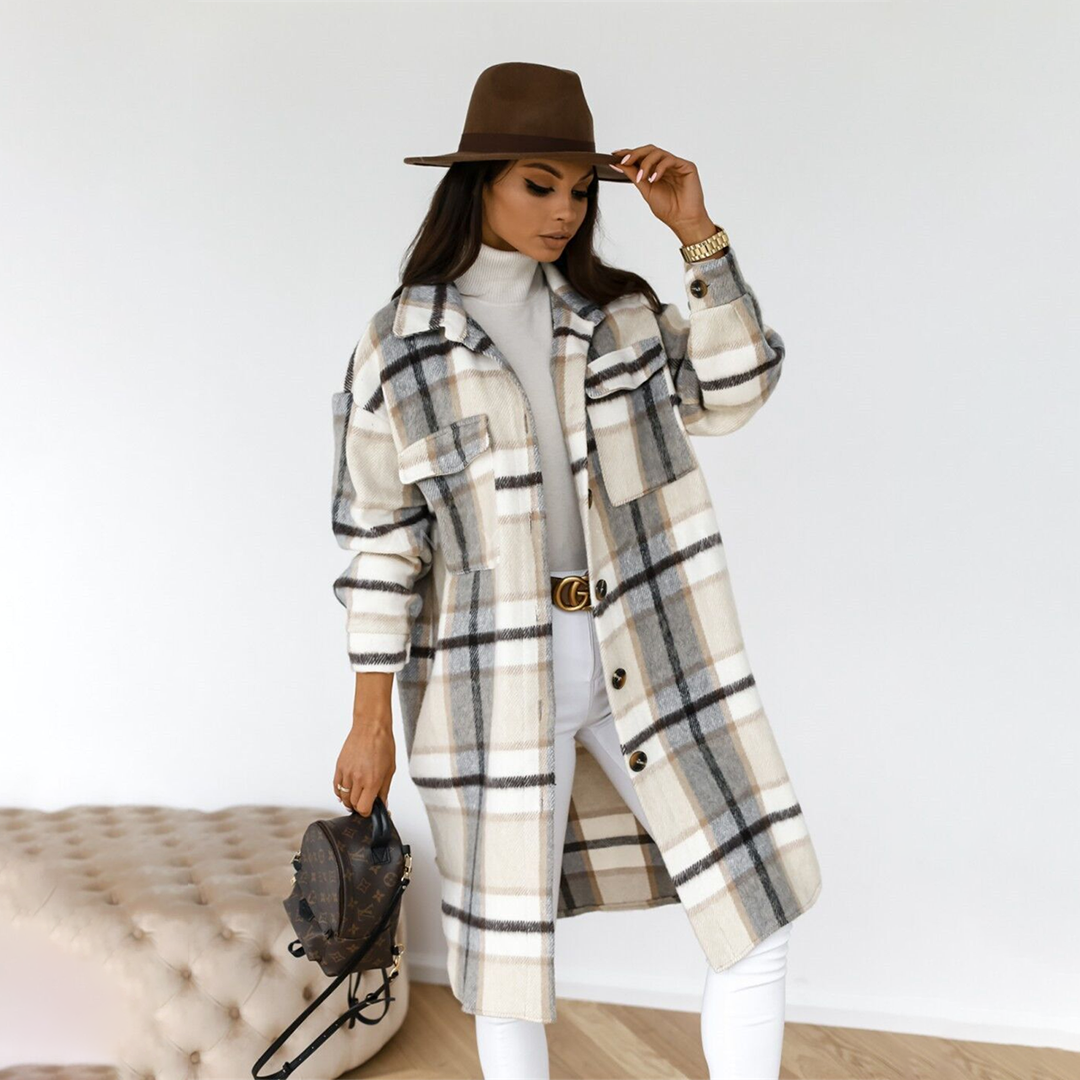 Heidi Fashion | Plus Size Long Wool Blend Coat with Check Pattern and Button Closure