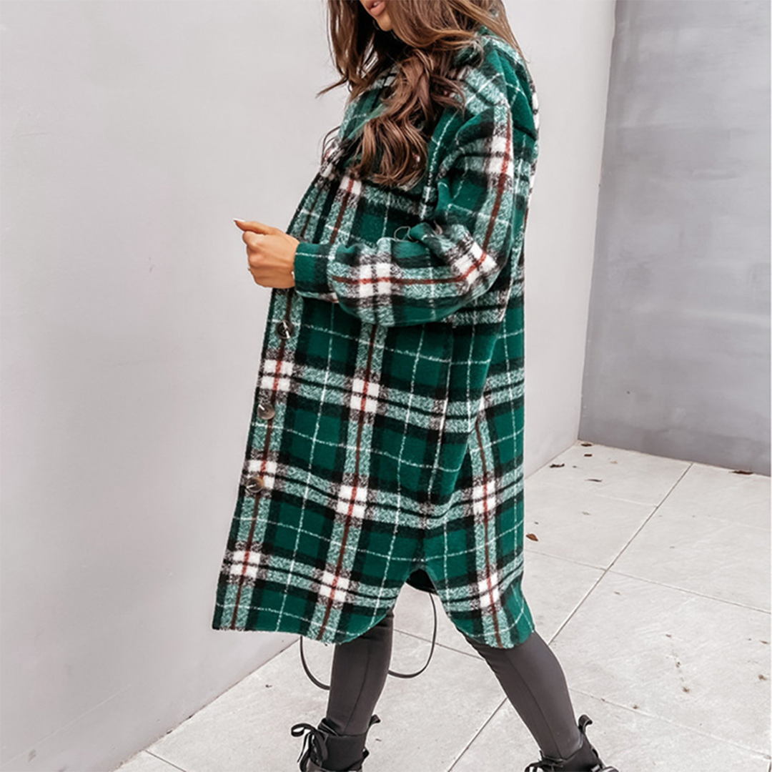 Heidi Fashion | Plus Size Long Wool Blend Coat with Check Pattern and Button Closure