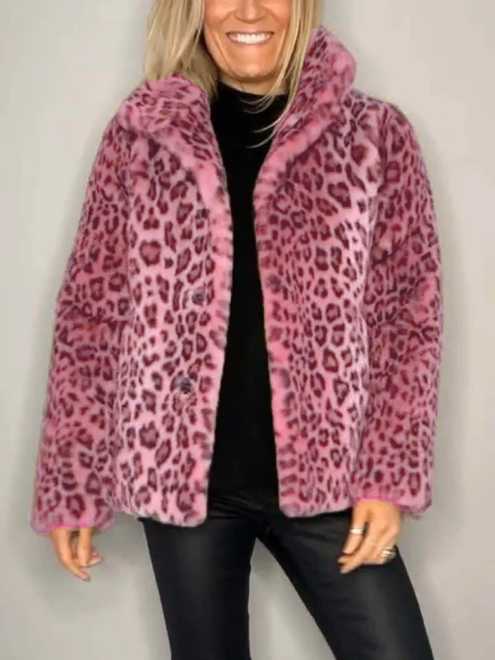 Heidi Fashion | Leopard Print Oversized Faux Fur Coat with Notched Collar