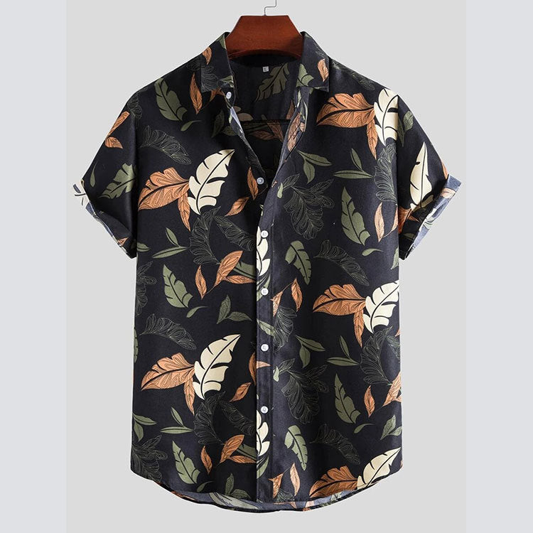 Heidi-Mode Men's Floral Print Short Sleeve Cotton Shirt