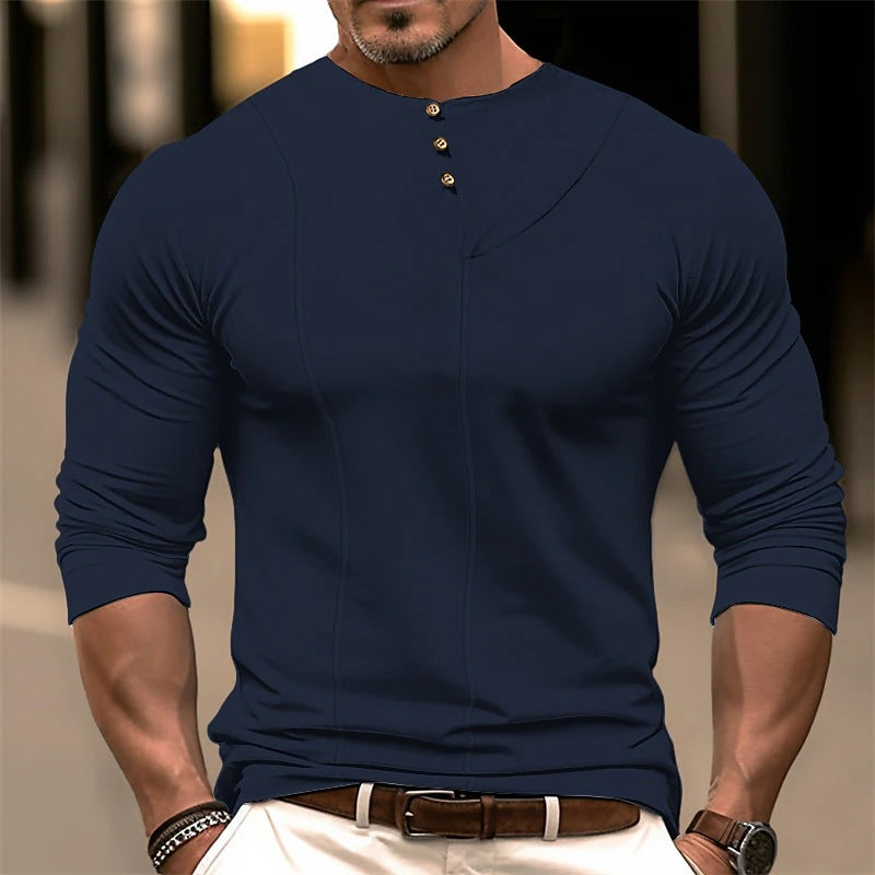 Heidi Mode | Ergonomic Cut Long Sleeve Slim Fit Cotton Blend Top with Asymmetrical Button Detail
