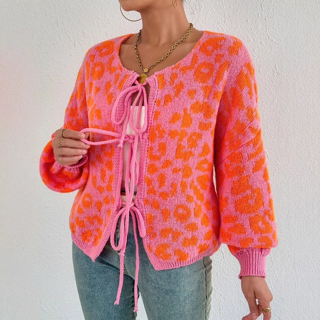 Adjustable Drawstring Women's Cardigan with Unique Leopard Print by Heidi Fashion