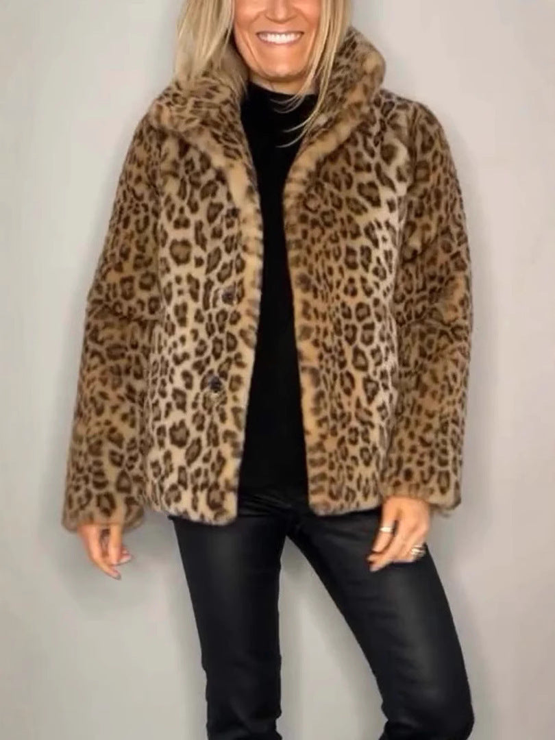 Heidi Fashion | Leopard Print Oversized Faux Fur Coat with Notched Collar