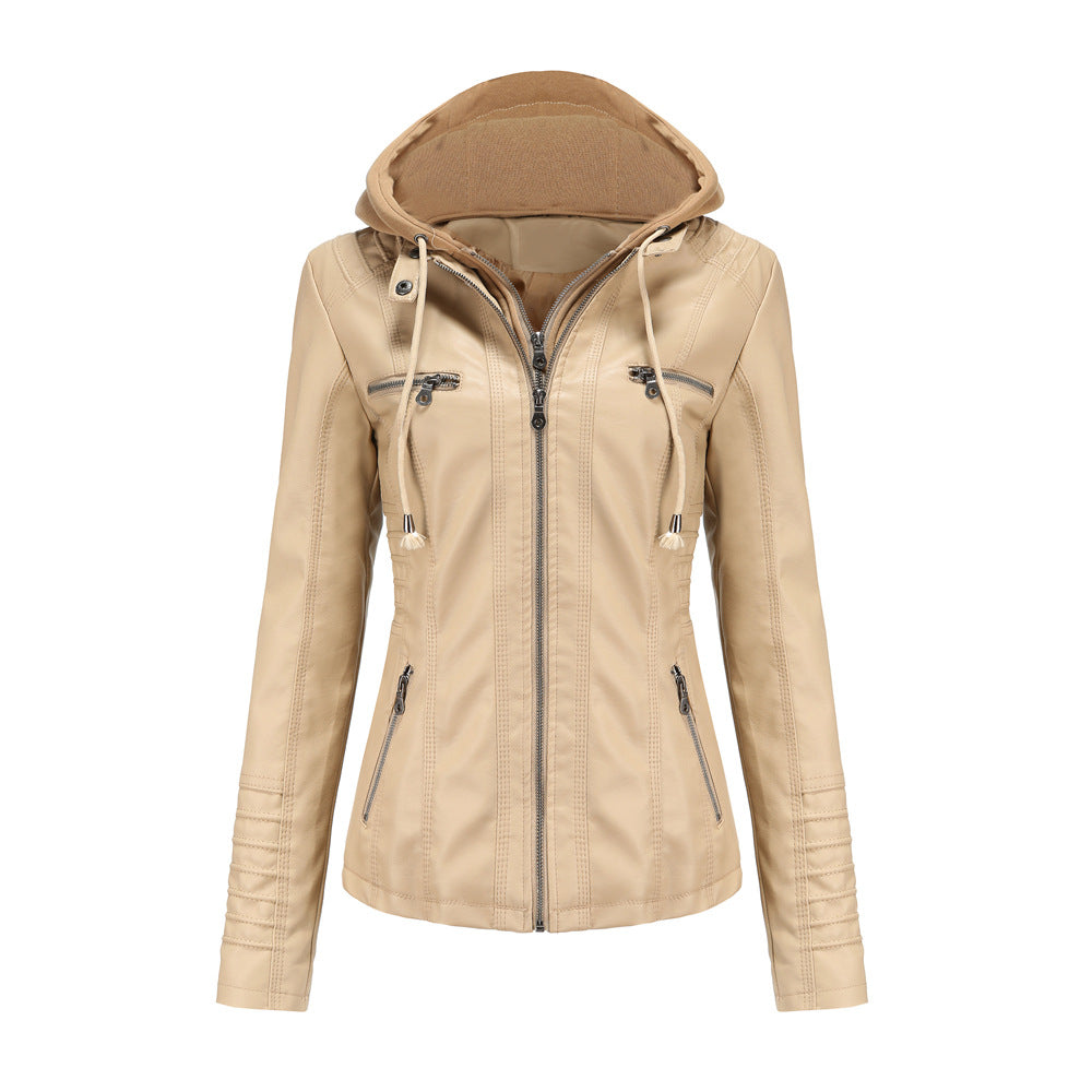 Heidi Fashion | Slim Fit Faux Leather Hoodie with Removable Hood and Zipper Pockets