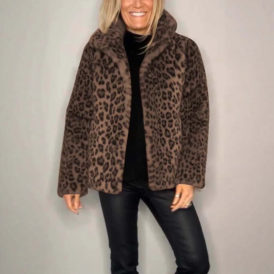 Heidi Fashion | Leopard Print Oversized Faux Fur Coat with Notched Collar