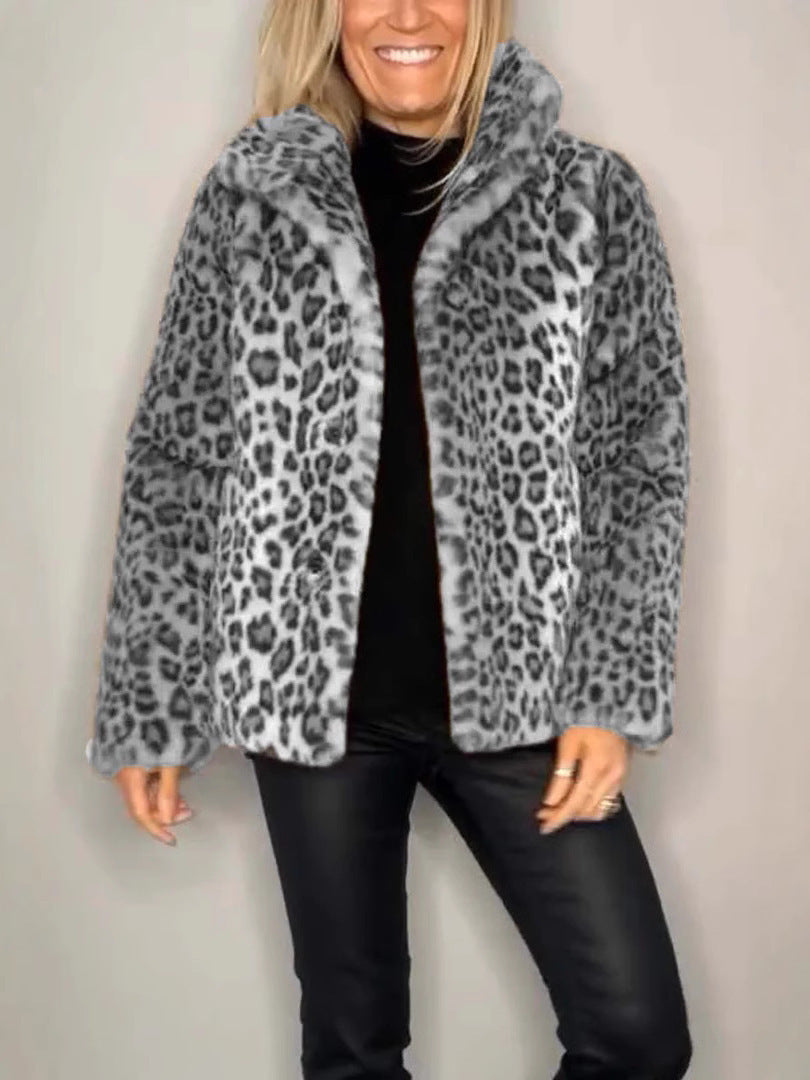 Heidi Fashion | Leopard Print Oversized Faux Fur Coat with Notched Collar