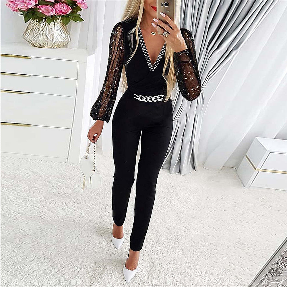 Heidi Fashion | V-Neck Slim Fit Jumpsuit with Diamond-Embellished Cut Sleeves and Chain Belt