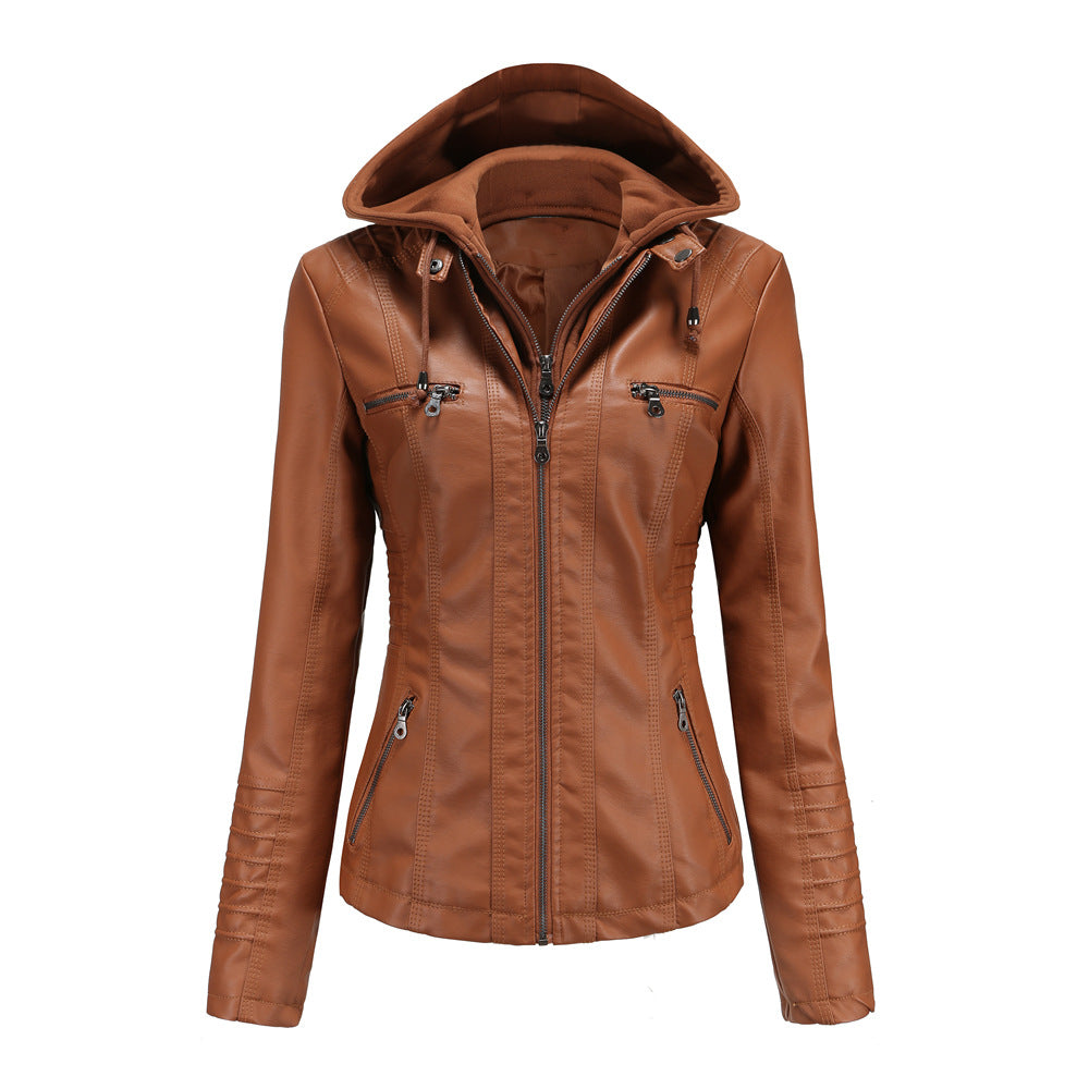 Heidi Fashion | Slim Fit Faux Leather Hoodie with Removable Hood and Zipper Pockets