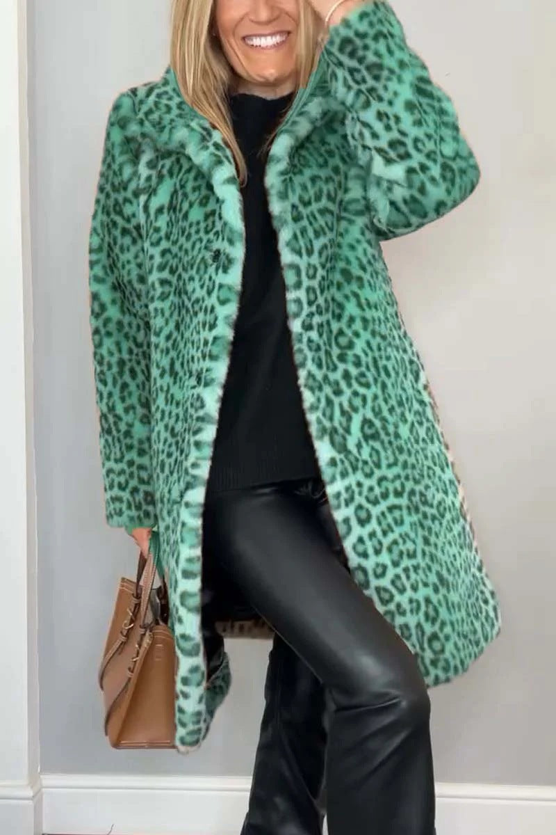 Heidi Fashion | Leopard Print Oversized Faux Fur Coat with Notched Collar