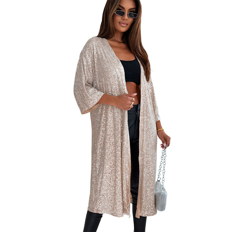 Heidi Fashion | Shiny Fabric Evening Coat - Loose Fit, Full Length