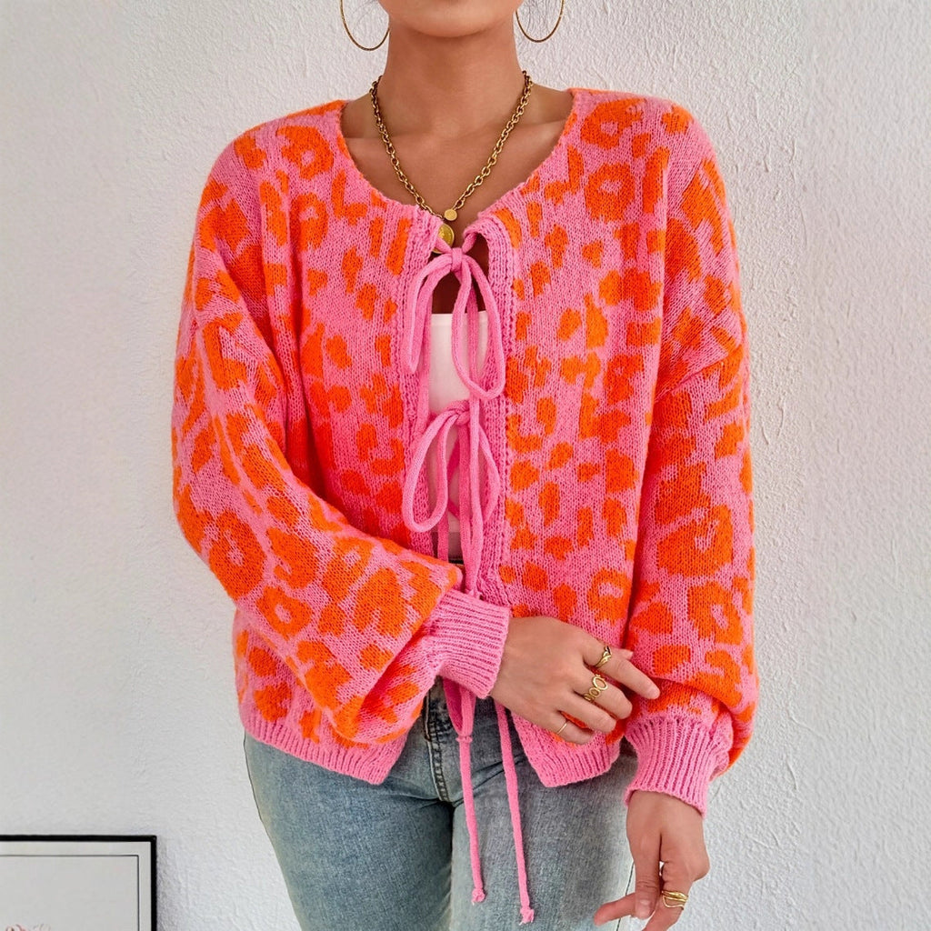 Adjustable Drawstring Women's Cardigan with Unique Leopard Print by Heidi Fashion