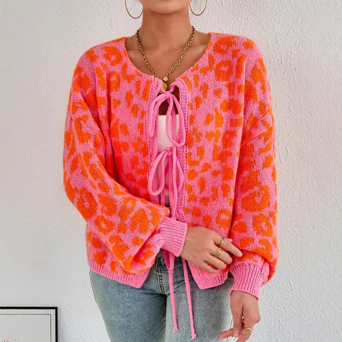 Adjustable Drawstring Women's Cardigan with Unique Leopard Print by Heidi Fashion