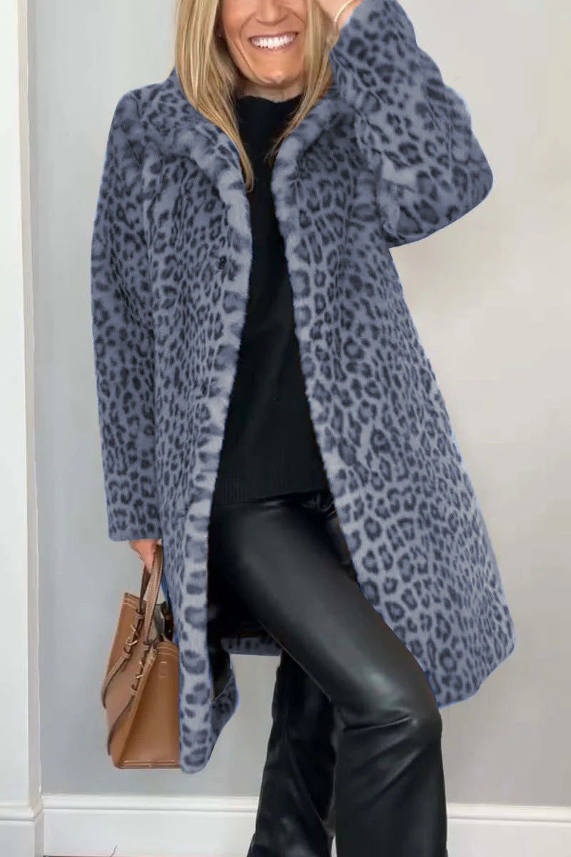 Heidi Fashion | Leopard Print Oversized Faux Fur Coat with Notched Collar