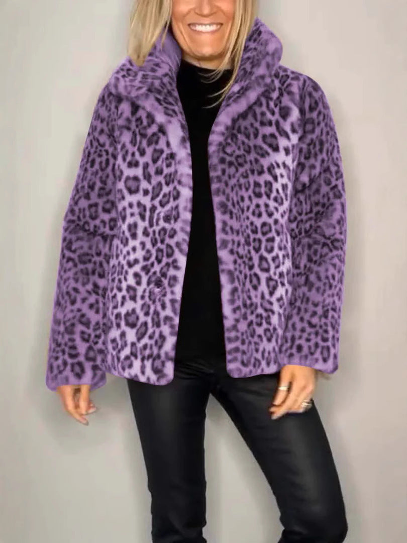 Heidi Fashion | Leopard Print Oversized Faux Fur Coat with Notched Collar