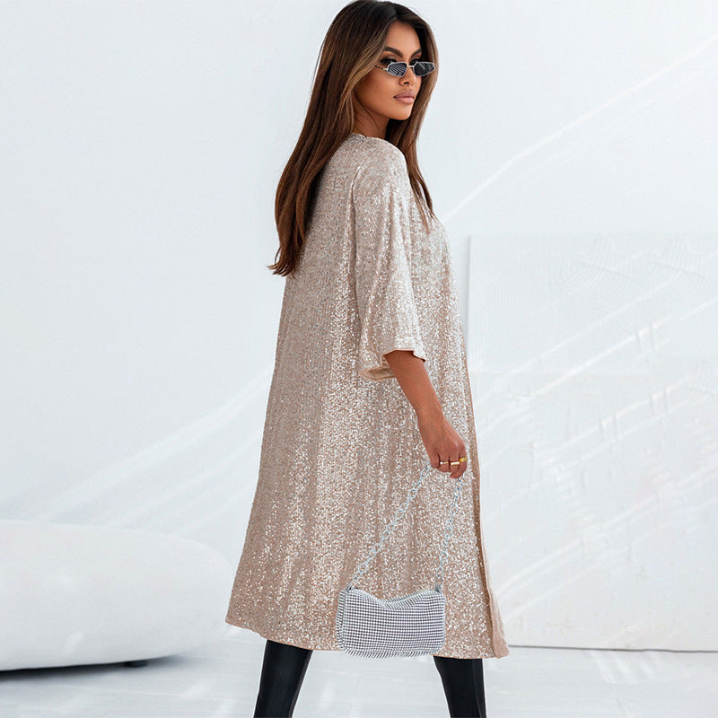 Heidi Fashion | Shiny Fabric Evening Coat - Loose Fit, Full Length