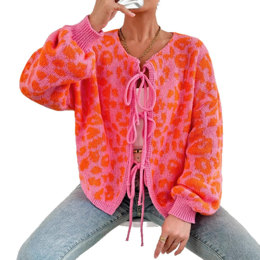 Adjustable Drawstring Women's Cardigan with Unique Leopard Print by Heidi Fashion