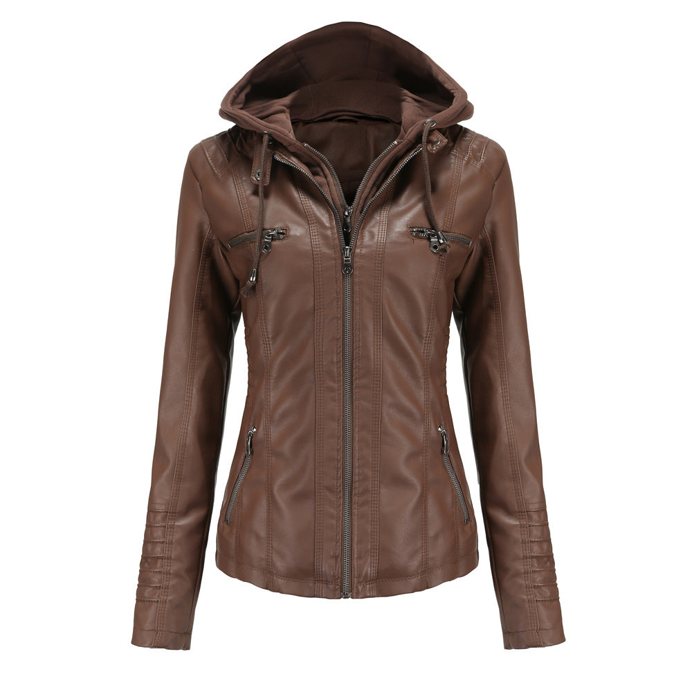 Heidi Fashion | Slim Fit Faux Leather Hoodie with Removable Hood and Zipper Pockets
