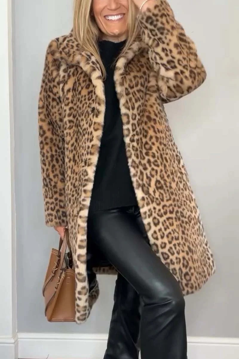 Heidi Fashion | Leopard Print Oversized Faux Fur Coat with Notched Collar