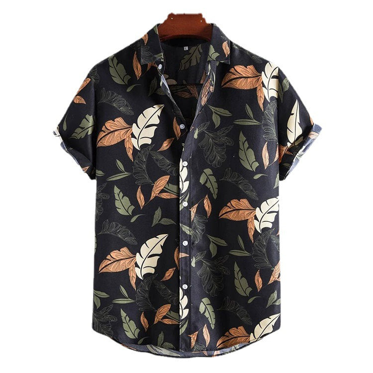 Heidi-Mode Men's Floral Print Short Sleeve Cotton Shirt