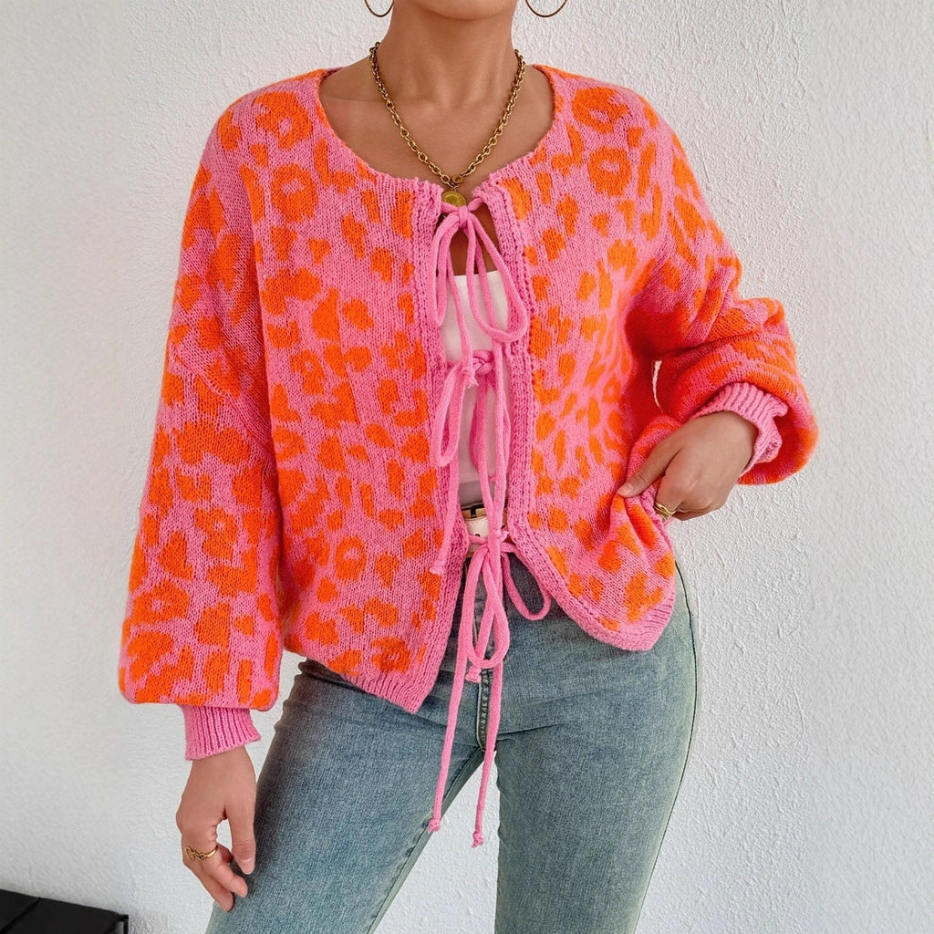 Adjustable Drawstring Women's Cardigan with Unique Leopard Print by Heidi Fashion