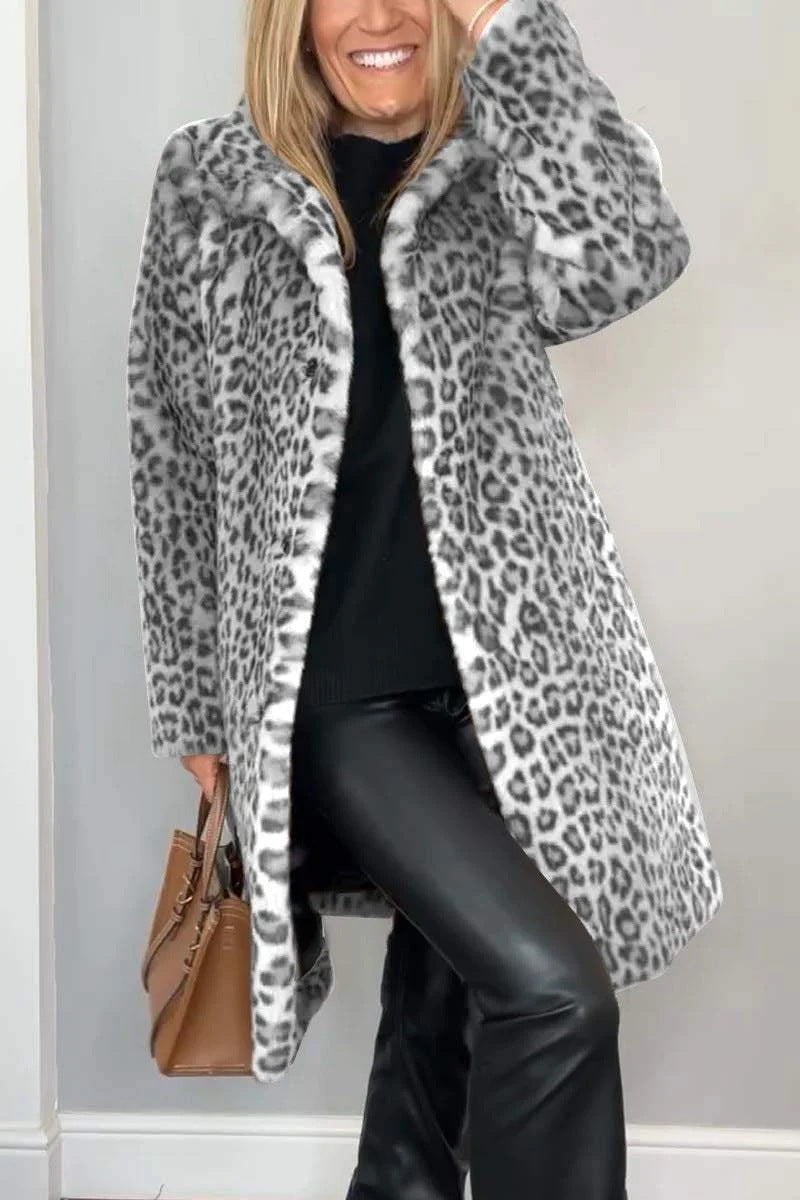 Heidi Fashion | Leopard Print Oversized Faux Fur Coat with Notched Collar