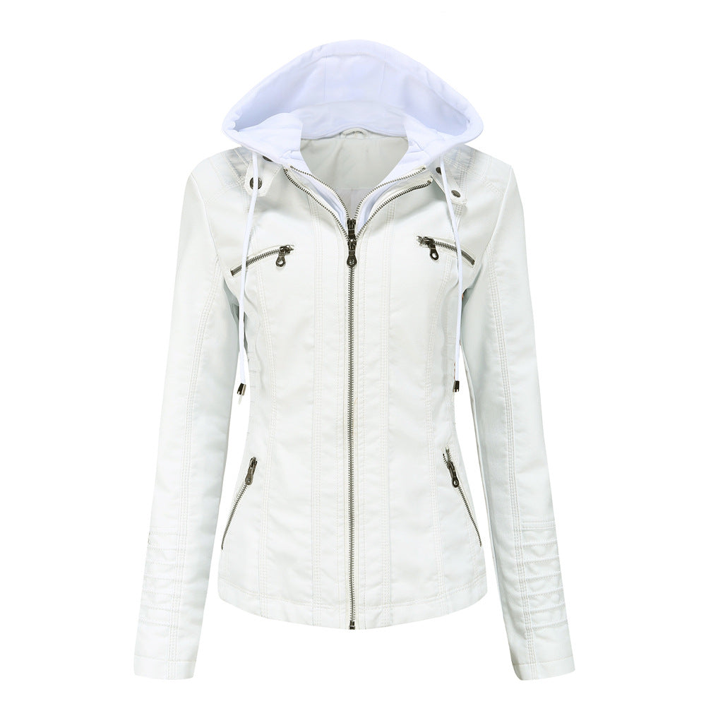 Heidi Fashion | Slim Fit Faux Leather Hoodie with Removable Hood and Zipper Pockets