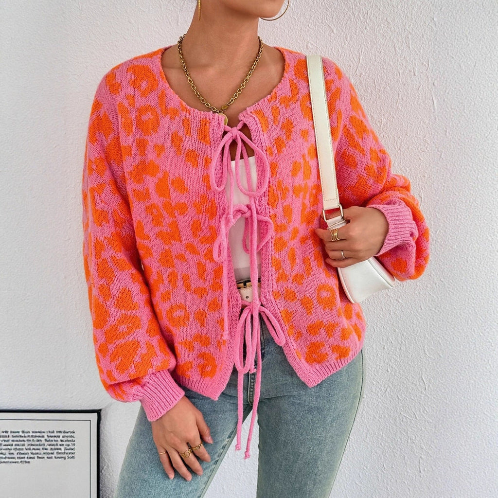 Adjustable Drawstring Women's Cardigan with Unique Leopard Print by Heidi Fashion