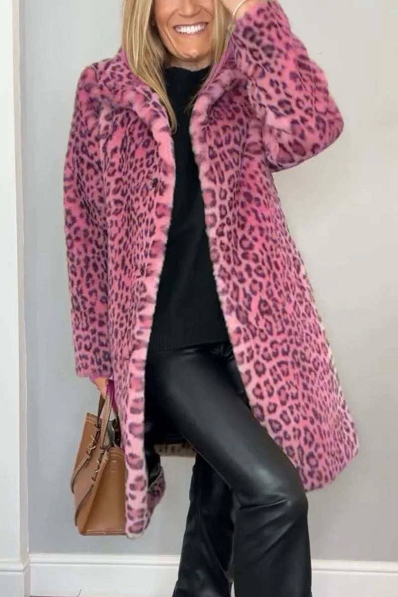 Heidi Fashion | Leopard Print Oversized Faux Fur Coat with Notched Collar