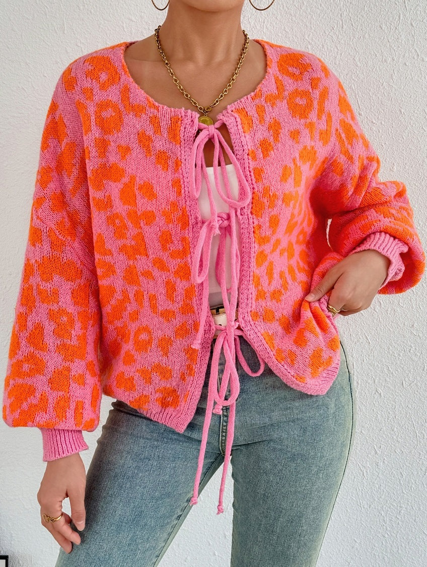 Adjustable Drawstring Women's Cardigan with Unique Leopard Print by Heidi Fashion