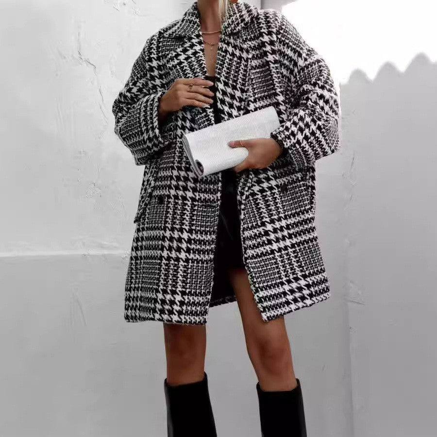 Heidi Fashion Plus Size Wool Coat with Checkered Pattern and Structured Collar - Knee-Length
