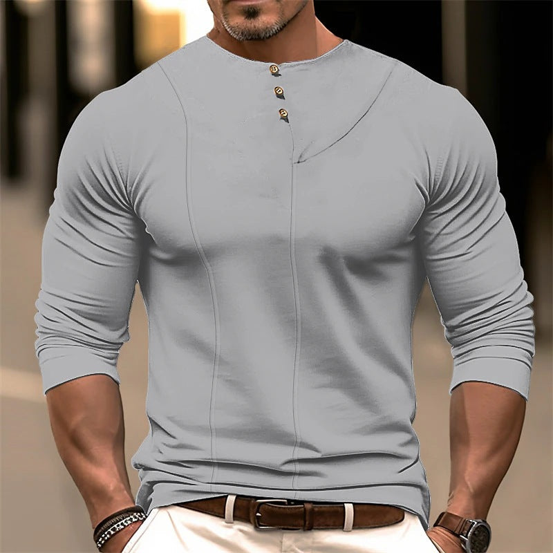 Heidi Mode | Ergonomic Cut Long Sleeve Slim Fit Cotton Blend Top with Asymmetrical Button Detail