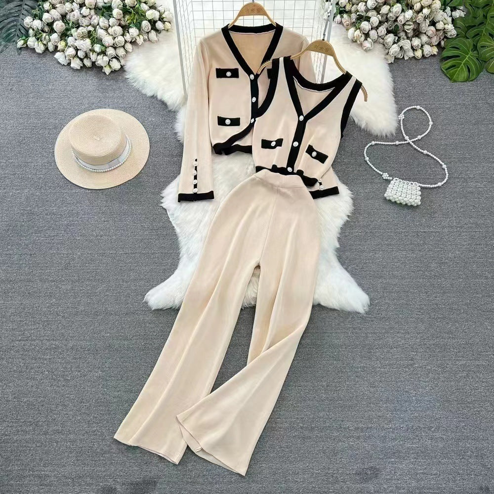 Heidi Fashion | High-Waisted Knit Wide-Leg Pants with Sleeveless Top and Short Cardigan