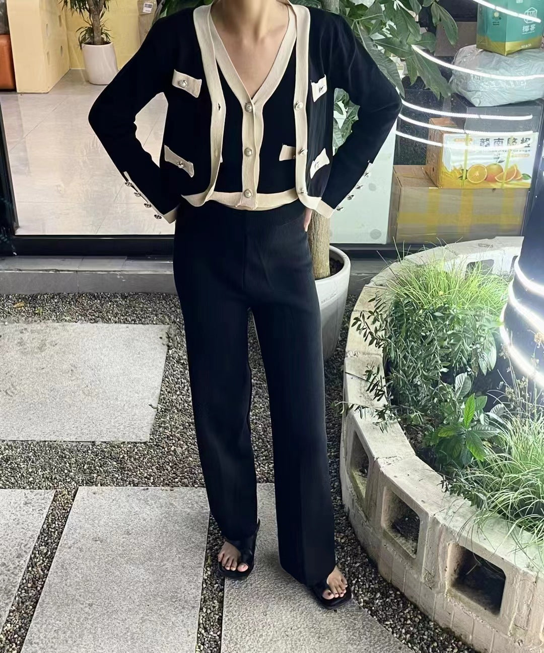 Heidi Fashion | High-Waisted Knit Wide-Leg Pants with Sleeveless Top and Short Cardigan