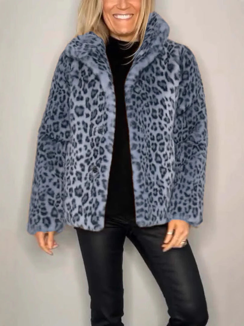 Heidi Fashion | Leopard Print Oversized Faux Fur Coat with Notched Collar