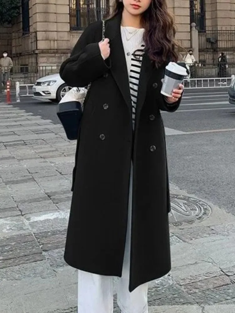 -Mode | Wool Blend Double-Breasted Long Overcoat with Belt - Relaxed Fit